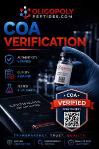 COA verification research peptide vial with QR code and third-party testing seal